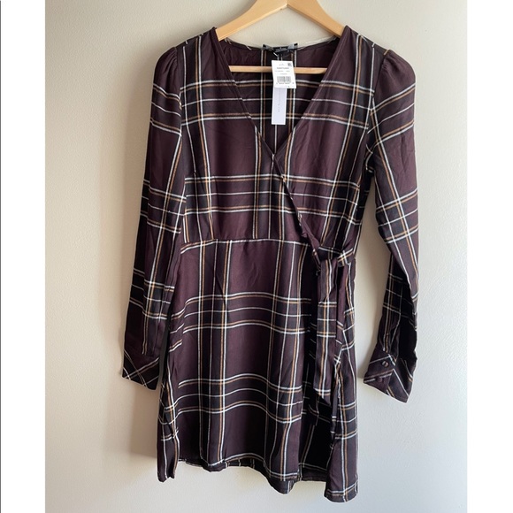 NWT (0) (6) Sanctuary cloth brown plaid faux wrap side tie button long sleeves - Picture 7 of 13